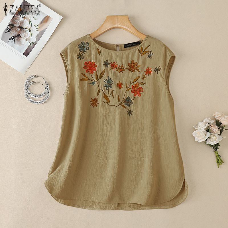 ZANZEA Women Casual Round Neck Floral Print Loose Sleeveless Tank Tops