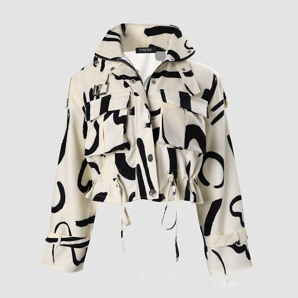 Women's Short Windbreaker Jacket Printed Workwear Long Sleeve Drawstring Coat