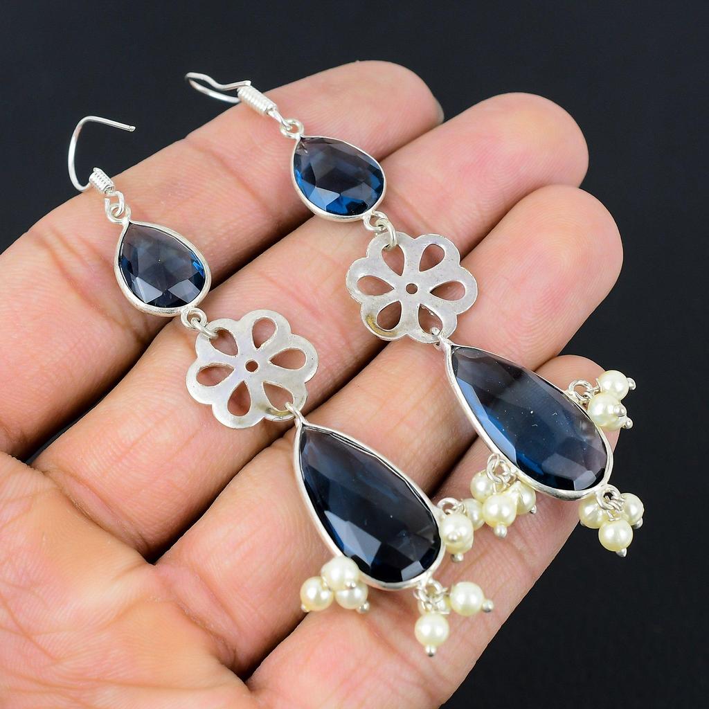 Mothers day Sale Sterling Silver Natural Iolite Quartz Dangle Drop Wife Earrings