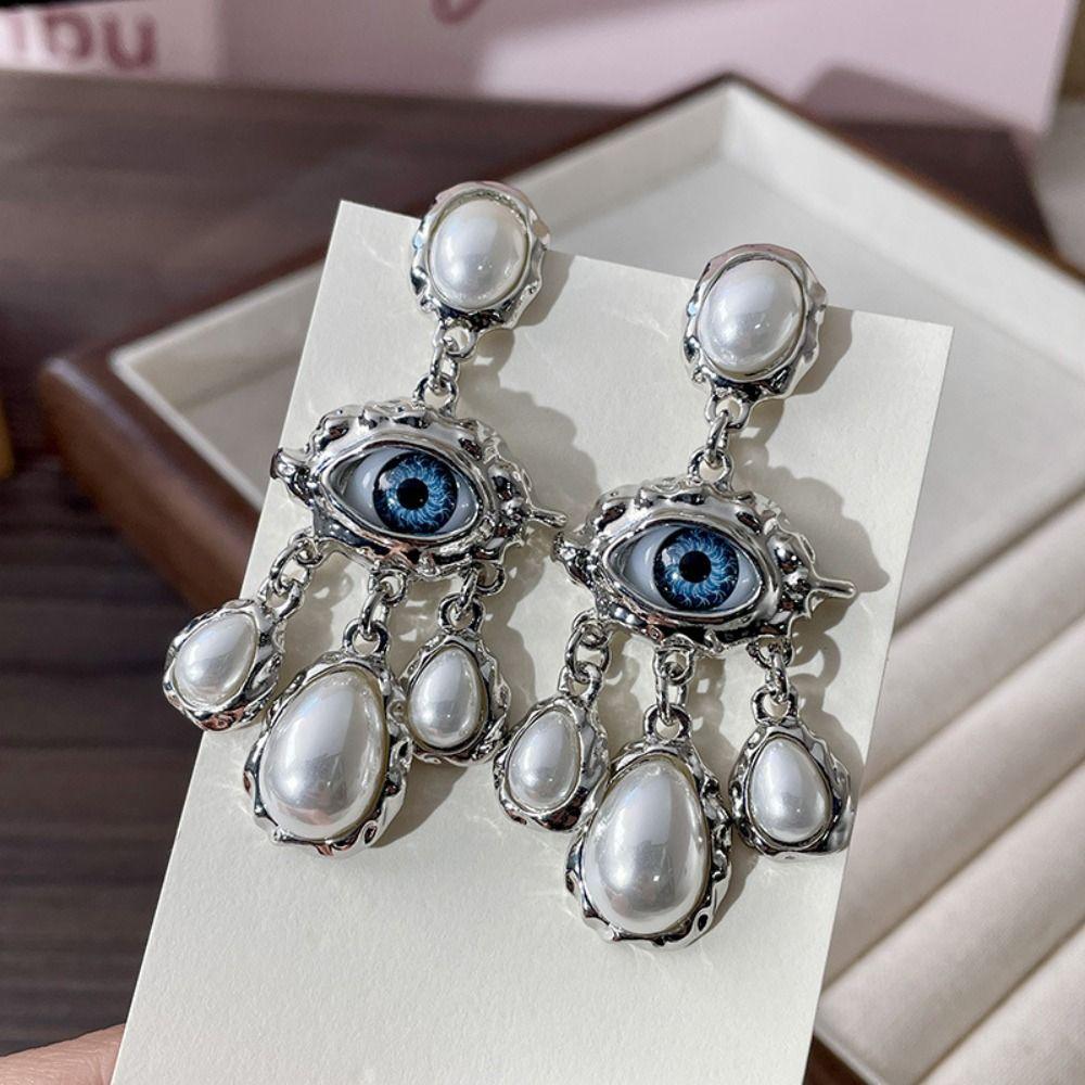 Long Tassel Devil Eye Earrings Vintage Exaggerate Earring Retro Pearl Drop Earrings Women