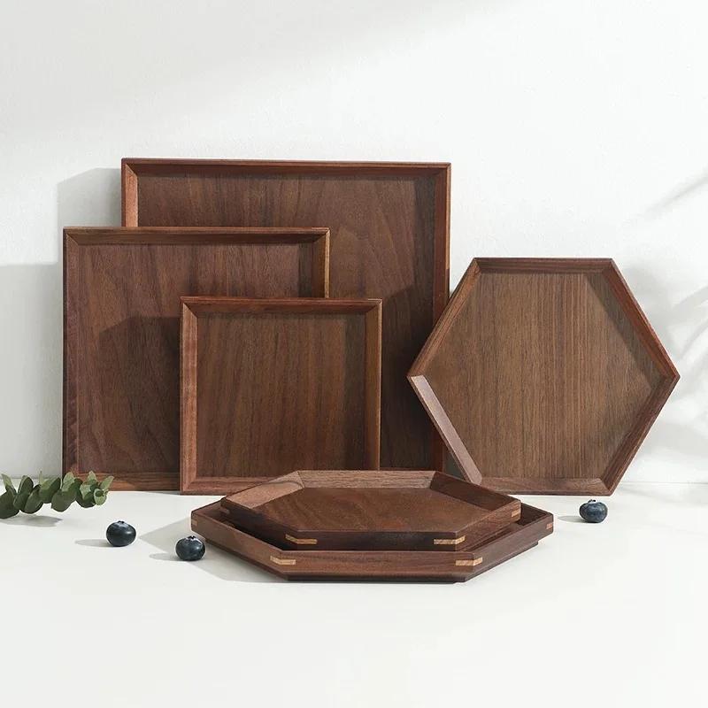 Japanese Style Black Walnut Tray, Light Luxury Dessert Tray, Cake Rack, Rectangular Solid Wood Tea Tray, Wooden Tableware