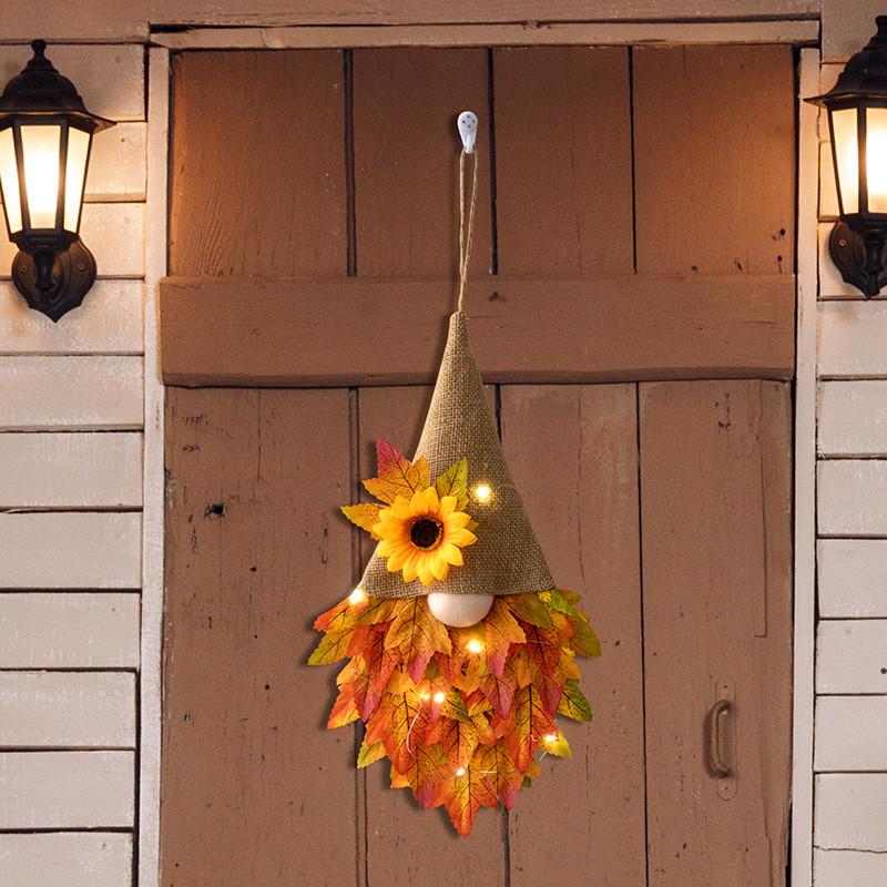 

Autumn Door Eyecatching Hanging With Bright Sunflowers And Maple Leaves Lights And