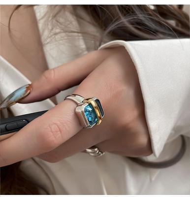 Vintage Heavy Industry Opening High-end Design Ring Women's Jewelry Ins Deep Blue Crystal Stone Jewelry