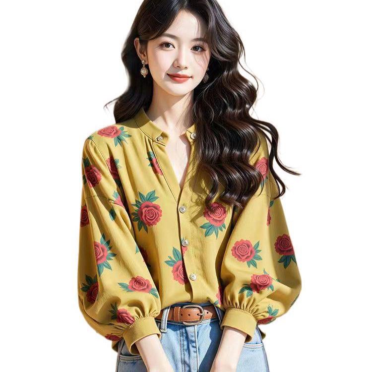 2025 French Chic Floral Chiffon Long Sleeve Women's Cardigan Blouse: Early Spring Single-Breasted Design