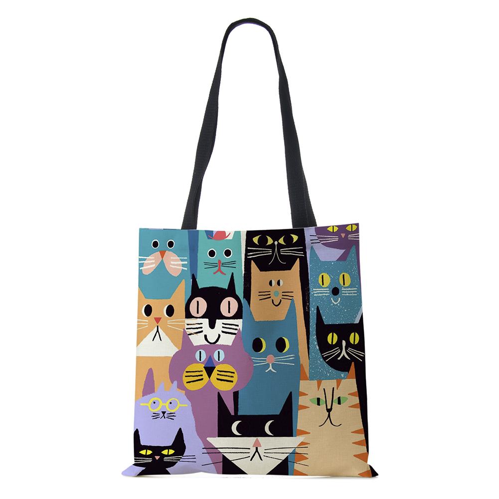Women Handbag Linen Totes with Family Cat Print Casual Traveling Beach Gift Bags CLE