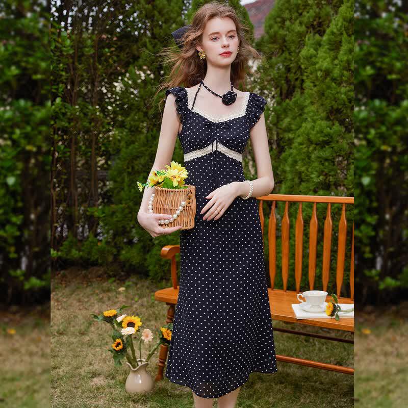 Retro Polka Dot Square Neck Fly Sleeve Dress M