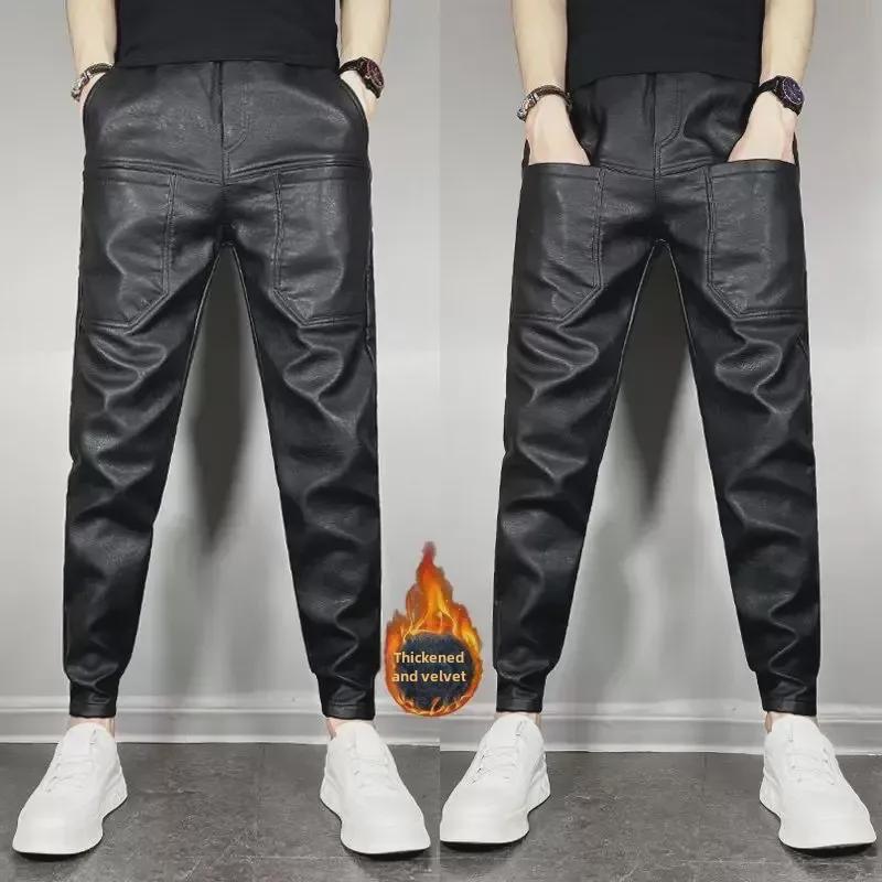 Men's Winter PU Leather Motorcycle Pants: Black, Plus Velvet, Thick, Windproof, Waterproof, Warm Trousers