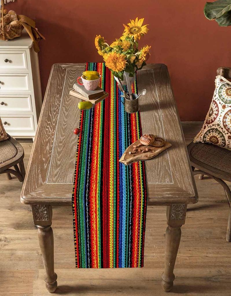 Mexico Day of The Dead Colorful Stripes Linen Table Runner Tabletop Decor Reusable Kitchen Dining Table Runner Party Decoration