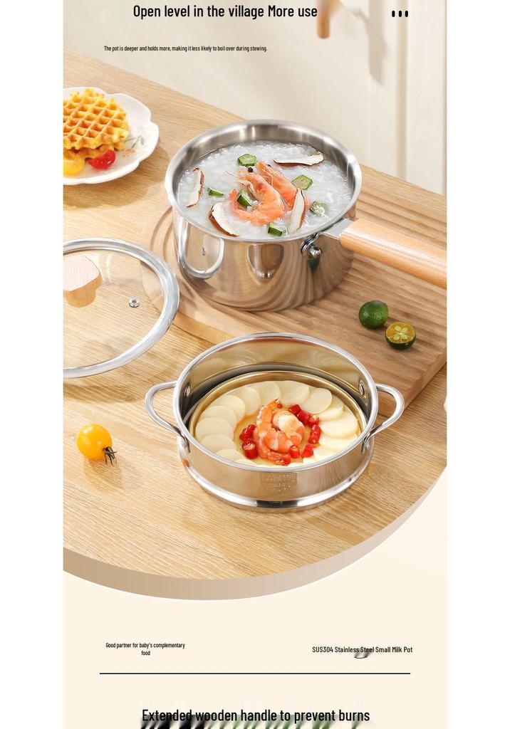 Olla de Cocina de Doble Capa de Acero Inoxidable 304 para Comida de Bebé, Cocción al Vapor, Sopa y Fideos - Sin Recubrimiento, Olla Pequeña Engrosada para Leche.