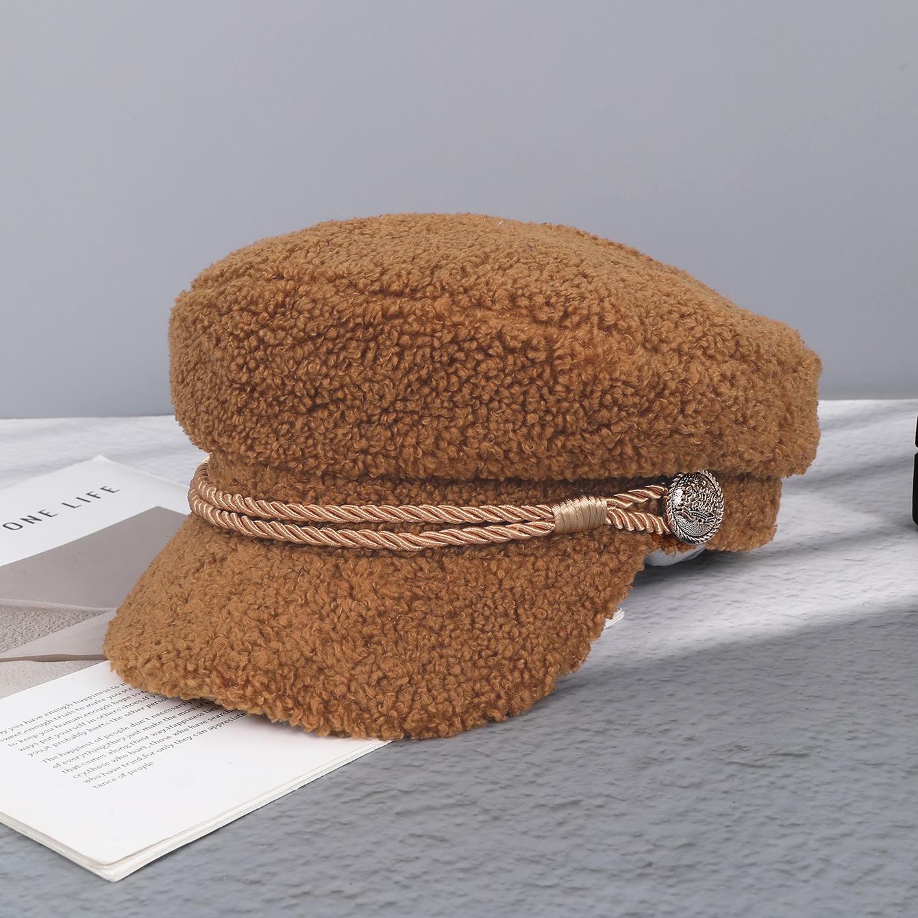 

Korean braided rope button lamb wool navy hat shopping outdoor travel simple everything with newspaper boy hat One Size коричневий
