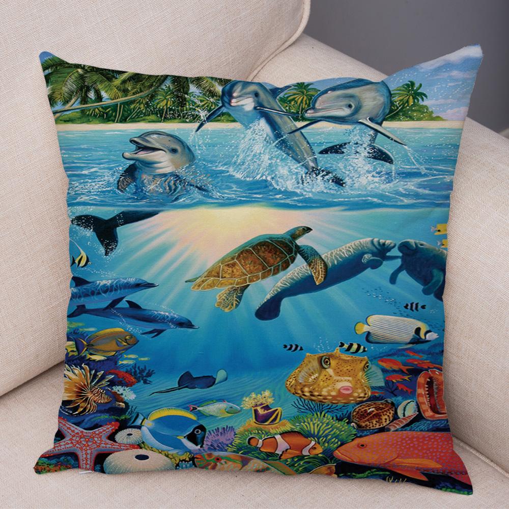 Marine Turtle Dolphins Shark Cushion Cover Short Plush Decor Colorful Ocean Animal Pillowcase Pillow Case for Sofa Home Car