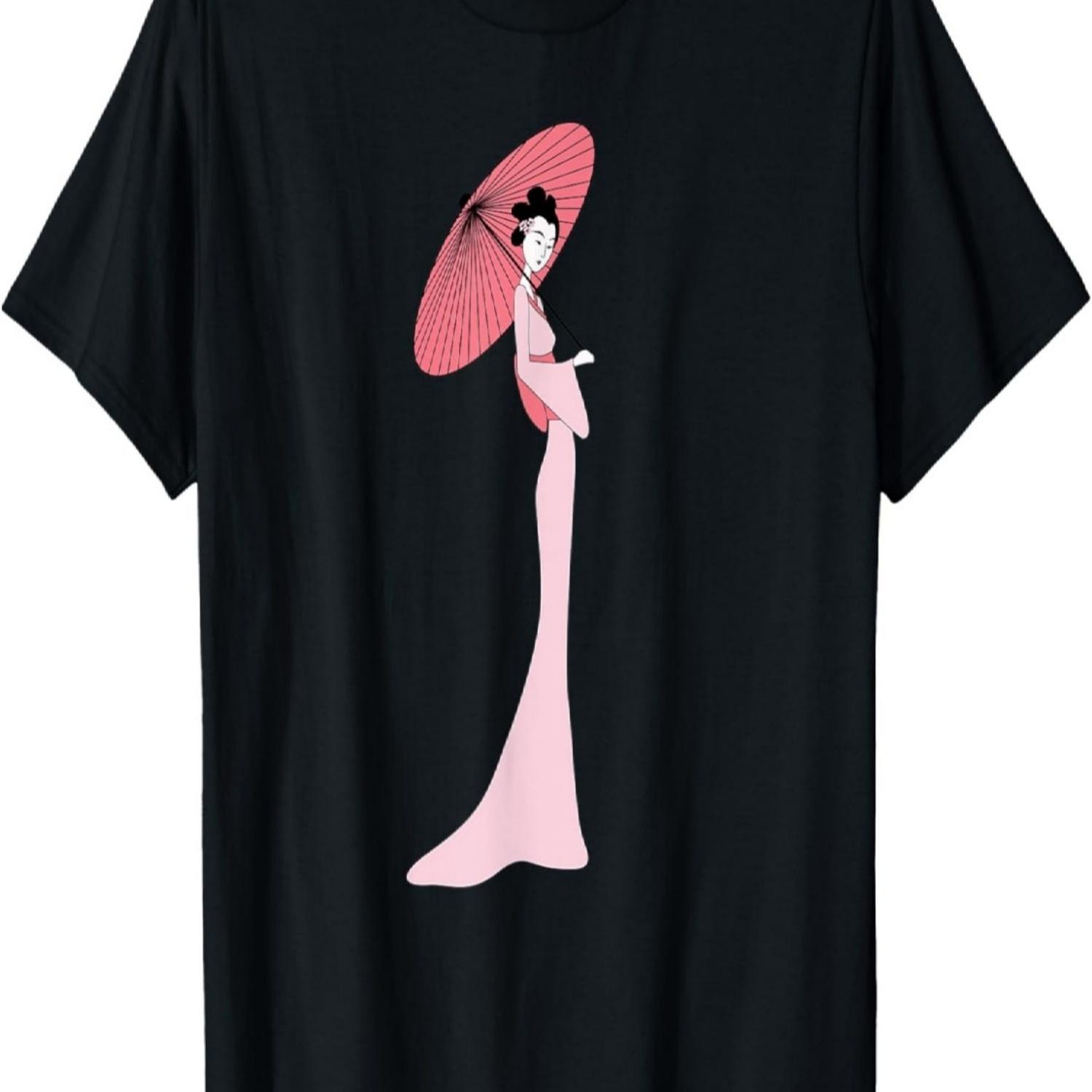 Pretty  Geisha Girl Pink Parasol Cherry Blossoms T-Shirt(1) S чёрный