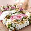 3pcs Green Gold Bedding Set Pink Flower Print Cozy Duvet Cover Set King Queen Twin Single Size Birthday Gift Adult Bedroom Decor