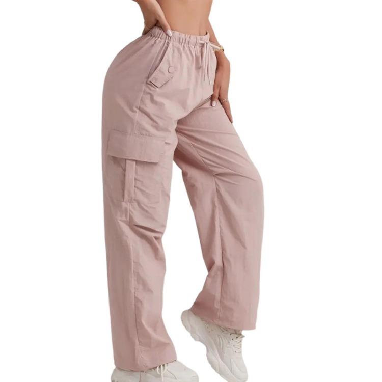 Quick Dry High Waisted Cargo Pants Women Solid Color Wide Leg Sports Pants Casual Drawstring