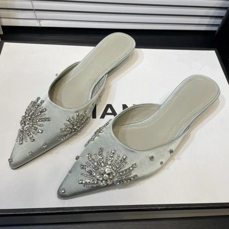 Fashion Crystal Heels Slippers Women Pointed Toe Mules Shoes Elegant Heeled Sandals 2025 Summer Party Flip Flops New Luxury Ladies
