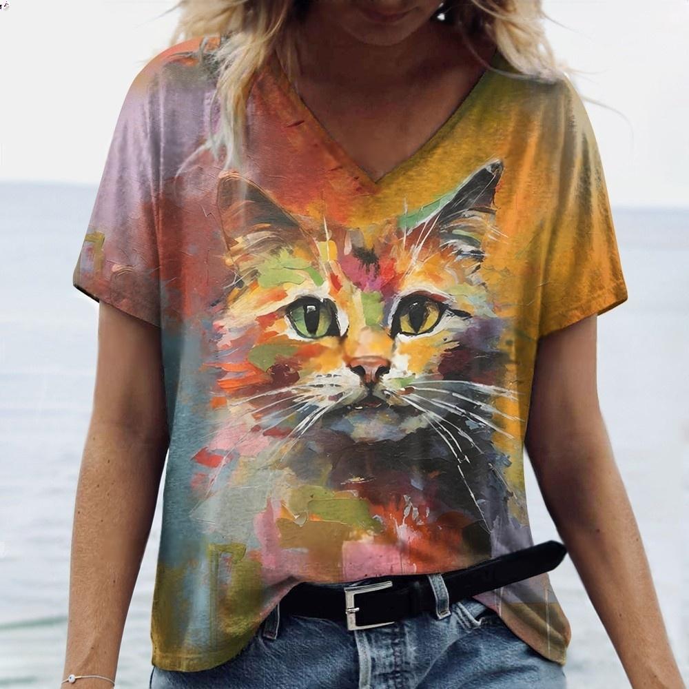 Women's T-shirt with cat print casual short sleeved 3D T-shirt