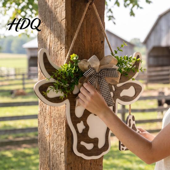 Cow Head Wall Decoration Milk Hanging Sign Rustic Wooden Welcome Sign with Bow And Artificial Pattern Plaque Leaves Door for Front Door Porch,