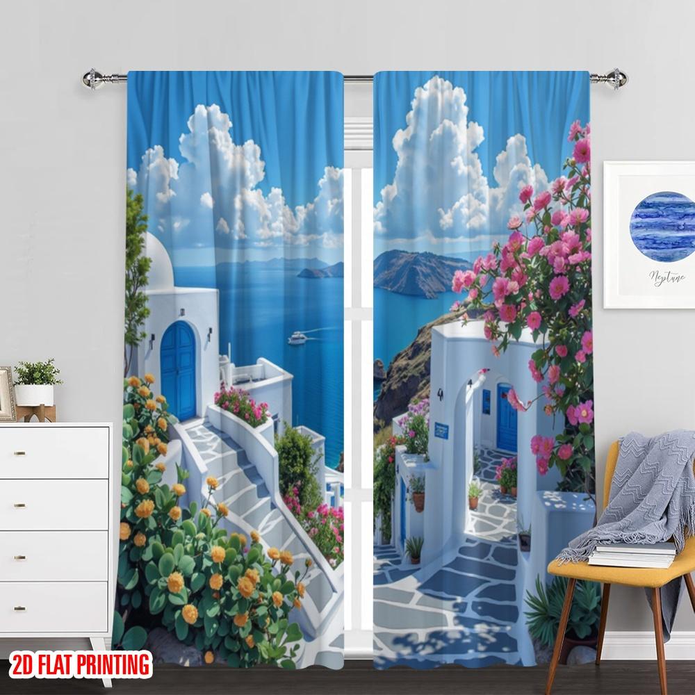 Set Of 2 Flat Printing Party Curtain Small Town Sea View Versatile Durable Polyester Without Electricity Birthday Perfect Made