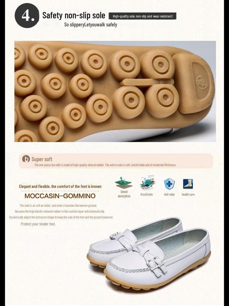 Women's Cowhide Nurse Shoes - Autumn/Winter, White, Casual, Flat Heels, Toe Design, Ideal for Middle-Aged and Elderly.