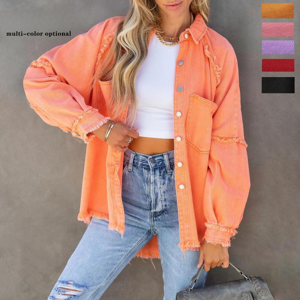 Herbst Damen Langarm Jeansjacke Raw Edge Mittellange lockere Jacke