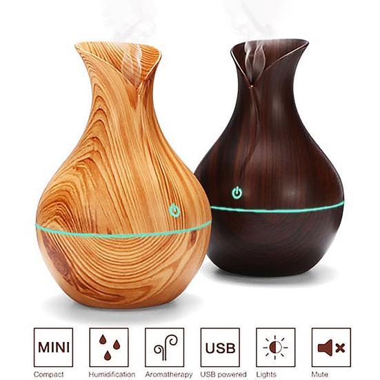 Mini Nawilżacz Powietrza Kształt Wazonika z Drewnianym Wzorem Cichy Zimna Mgiełka USB Biurkowy Dyfuzor do Samochodu Biura Pokoju Sypialni