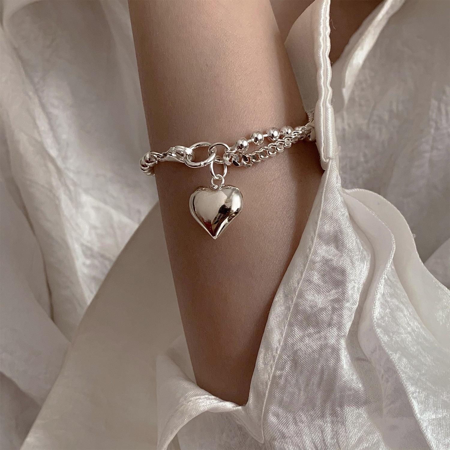 Korean New Double Layer Heart & Cloud Bracelet for Women - Retro Fashion Hip Hop Jewelry