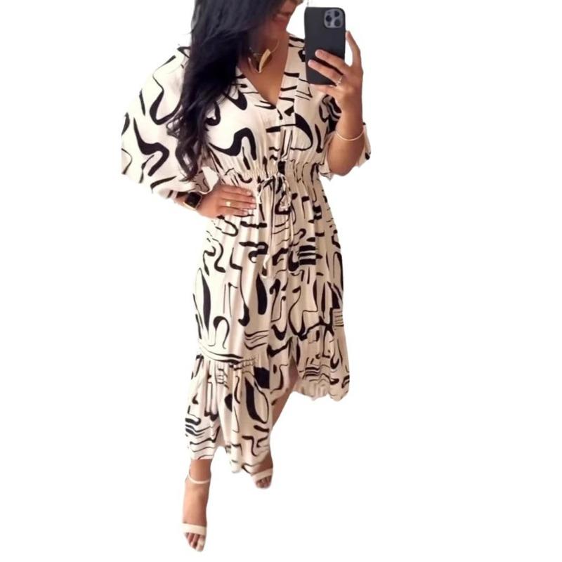 Summer Printed V-neck Women's Dress, High-waisted Tie Dress Flared Mid-sleeve Ruffled Dress