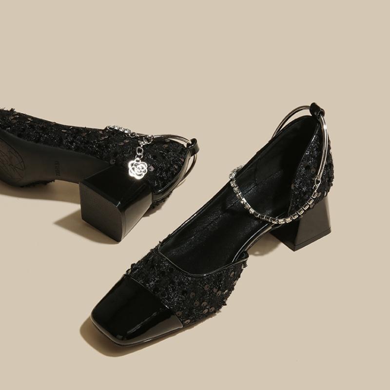

Fashion 2025 New Designer Spring Square Toe Sequin Women Mary Jane Shoes Fashion Female Casual Buckle Thick Heel Shoes 35 чёрный