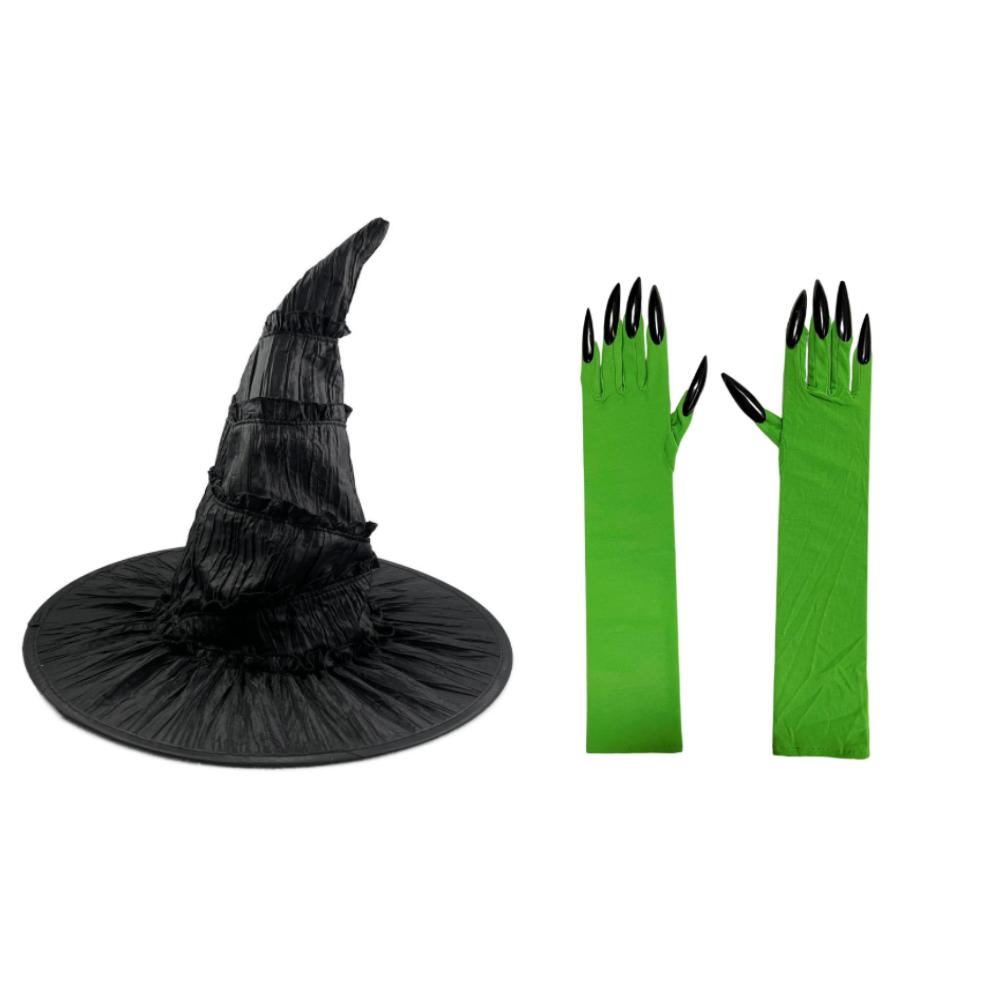 Black Ruched Wicked Witch Hat for Women Men Halloween Gloves Long Nails Ghost Claws Halloween Party Cosplay Costume Accessory