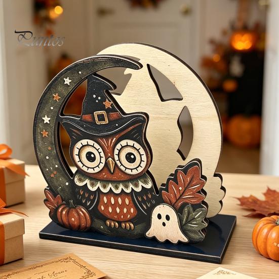 Vertical Napkin Holder Halloween Wood Holder, Rustic Ghost Skeleton Owl Pumpkin Dispenser, Unique Tabletop Display Vintage Standing Tissue for Kitchen