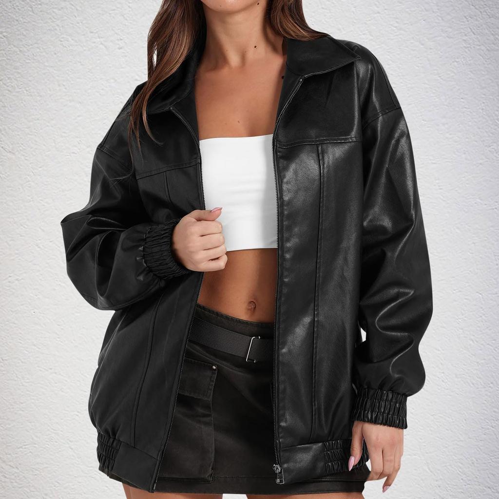 Women's Fashion Leather Jacket, Long-Sleeved, Lapel, Zipper, Side Pockets, Casual Windbreaker Coat