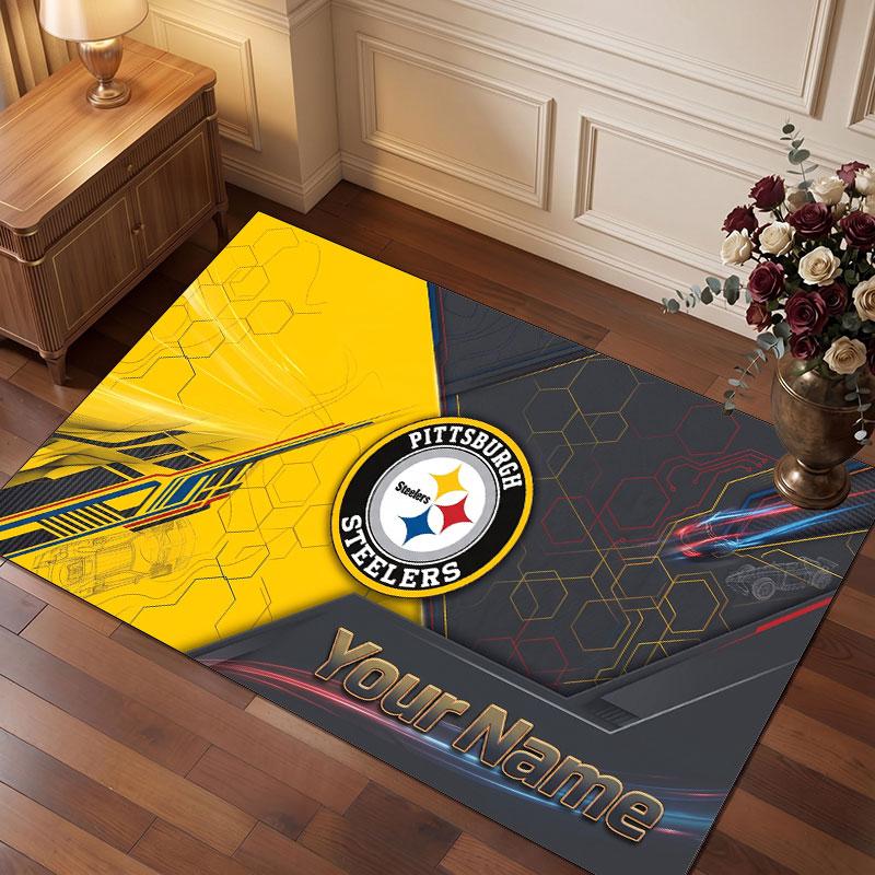 Pittsburgh Steelers Personalisiertes Kristall-Samt-Teppich, Benutzerdefinierter Name Text Weicher Anti-Rutsch-Teppich für Wohnzimmer Schlafzimmer