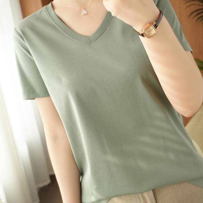 V-neck T-shirt for Women Mercerized Cotton T-shirt for Cotton Thread Short-sleeved Summer Updated Slim Versatile Half-sleeved Top