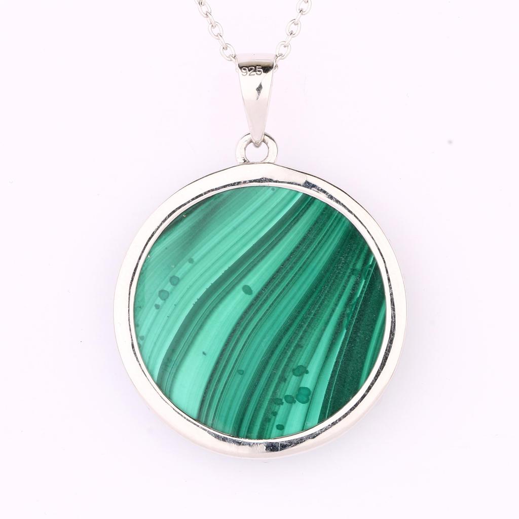Natural Malachite Round Pendant Necklace 925 Sterling Silver Gold Plated Handmade Fine Jewelry Gift for Her