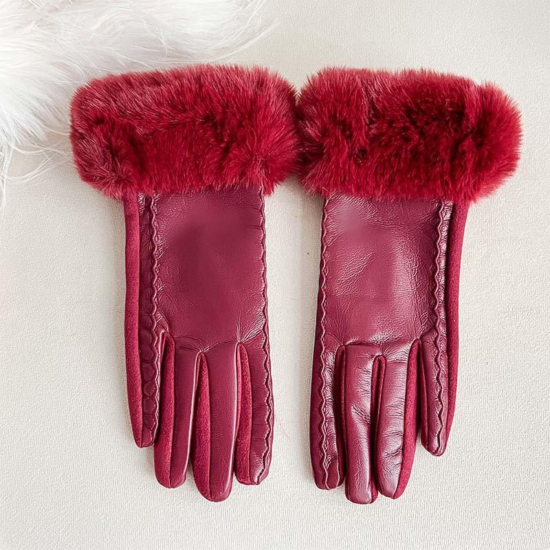 

Women s New Fashion Fake Leather Gloves with Rabbit Fur Trim, Touchscreen Compatible, Warm and Windproof for Autumn/Winter brick червоний колір
