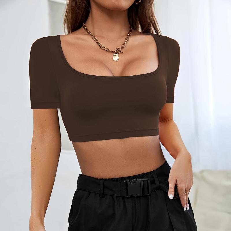 T-shirt à manches courtes en tricot pour femme, style décontracté, style sport d'été, élastique et très extensible