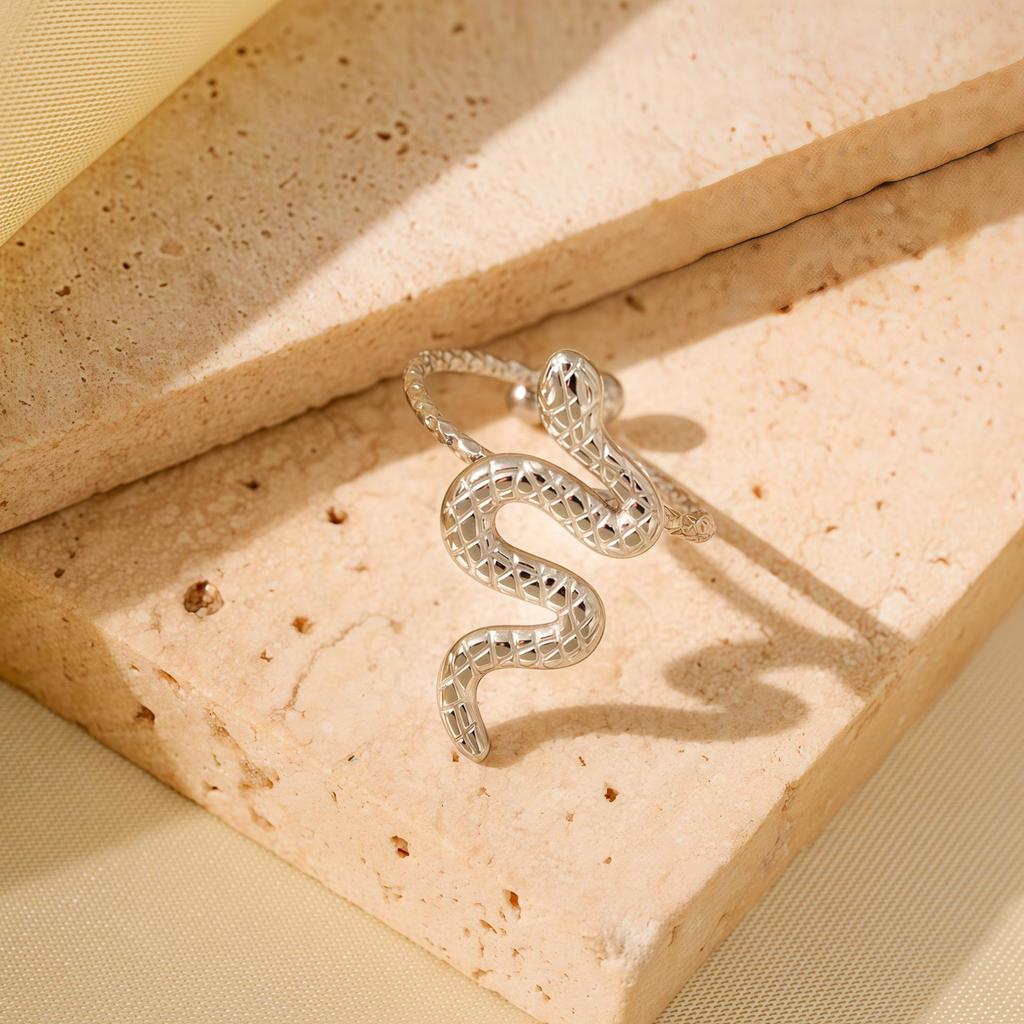 Gold-Plated Snake-Shaped Titanium Steel Adjustable Ring for Women - Retro, Colorfast, European & American Fashion.