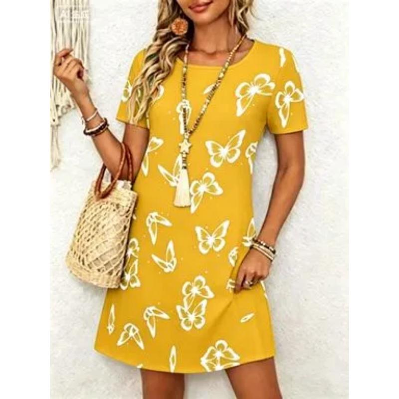 Fashion Women's Crew Neck Dress 3D Butterfly Color Printed Butterfly Dress