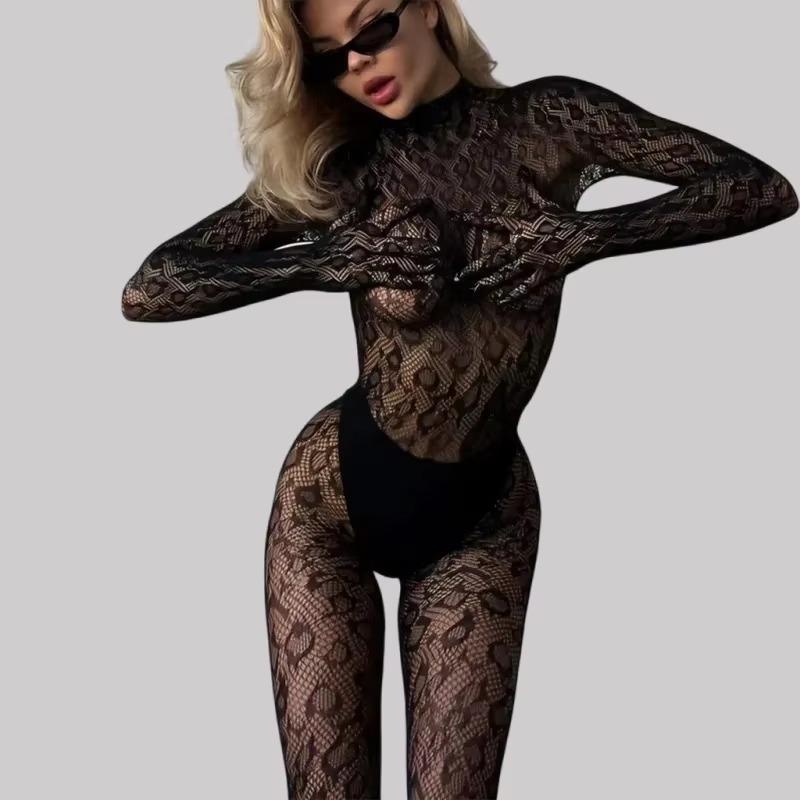 Sexy Lingerie Leopard Mesh Bodystockings Fishnet Jumpsuit Hollow See Through Tight Erotic Pajamas Elastic Night Club Underwear