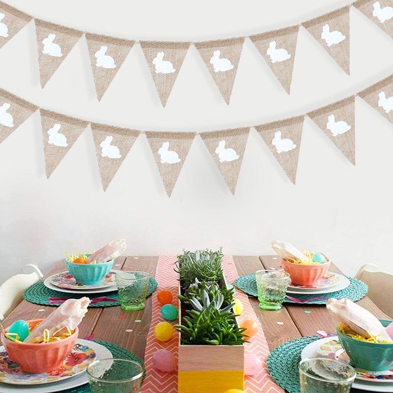 3 Meters Easter Rabbit Jute Burlap Banner Linen Flags Happy Easter Party Home Wall Hanging Decorations Vintage DIY Garland