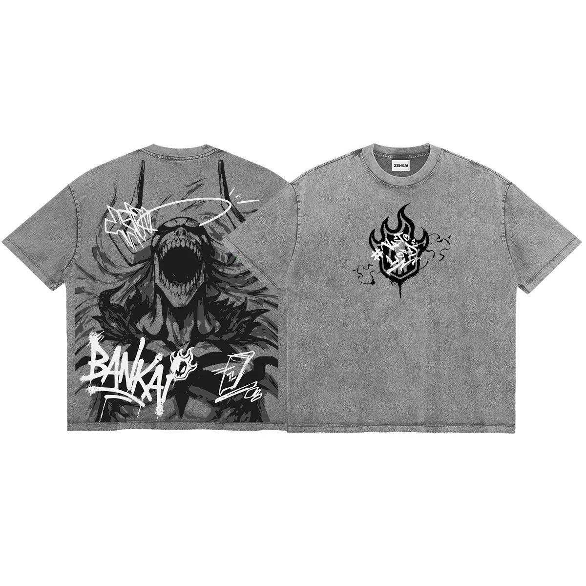 

Kurosaki Ichigo BLEACH Anime T-shirt For Men s Clothing Vintage Washed Oversized T Shirt Summer Short Sleeve Cotton Tees Tops S серый