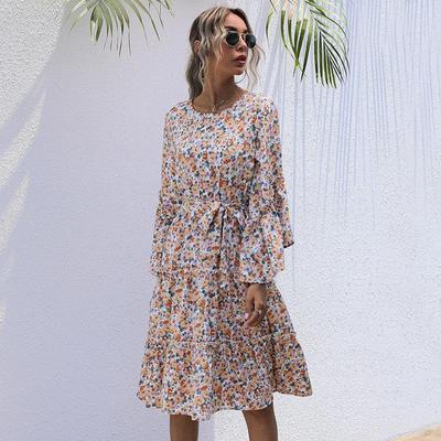 Verão outono floral impressão vestido longo feminino casual o-pescoço manga longa alargamento cintura alta fino bandagem cinto babados S-XL
