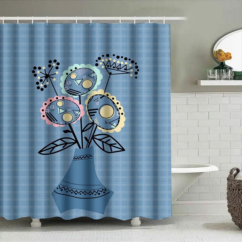 Dekorativer Duschvorhang mit blau kariertem Muster, einzigartigem Blumendesign für Badezimmerdekoration