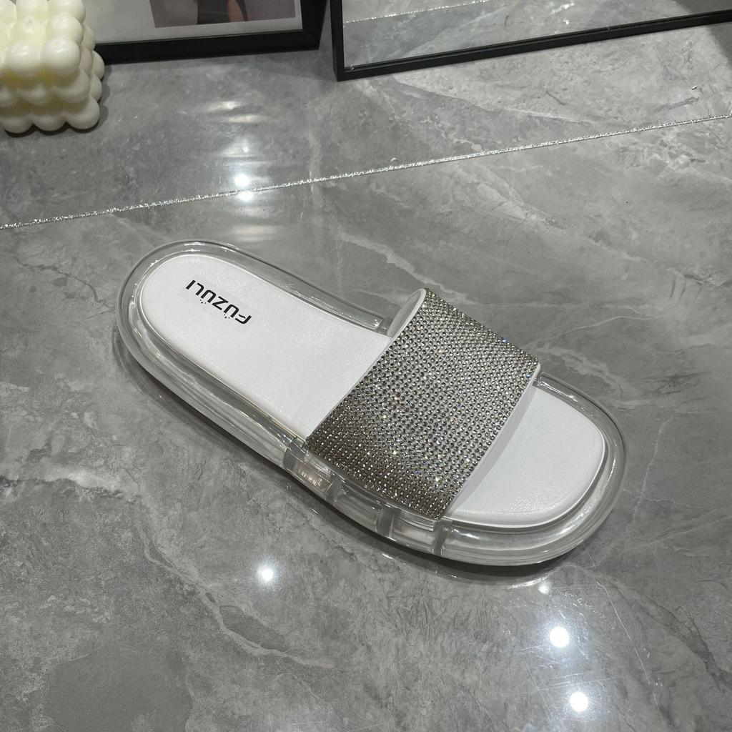 Ciabatte moda estiva da donna sandali comodi a fondo piatto color caramella 2025 nuove scarpe da spiaggia con cinturino in strass flash