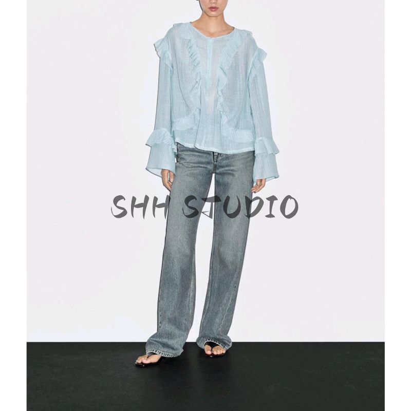 MD Autumn New Women clothes French style Romantic Design Fungus Frill Long sleeve Shirts Top 5181400