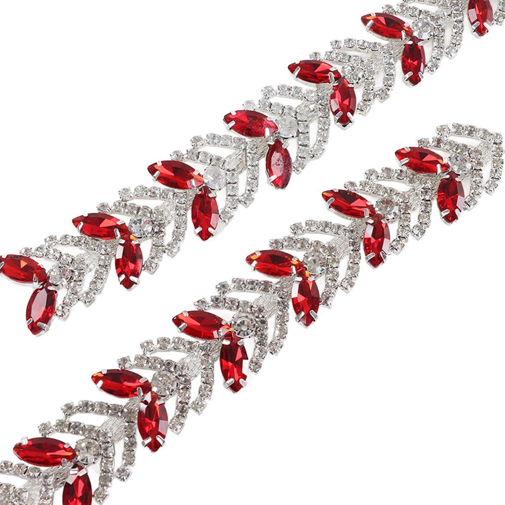 Crystal Rhinestone Chain 1 Yard 2.3cm Glass Rhinestone Leaf Shape Flower Chain DIY Decoration for Garments Earring Belt Red