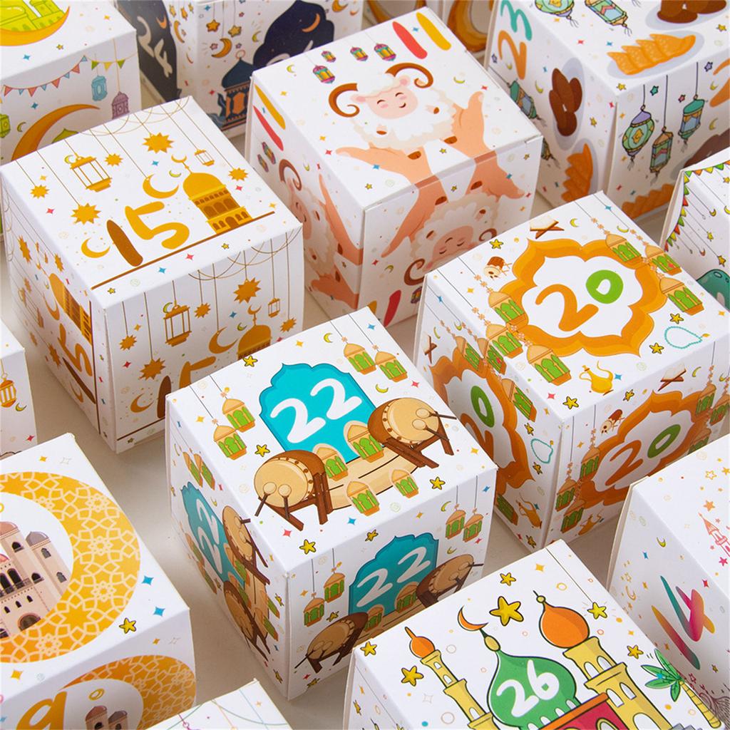 30Pcs Eid Festival Countdown Candy Boxes 7x7x7cm Paper Party Treat Boxes Countdown Treat Boxes Candy Cookie Bags