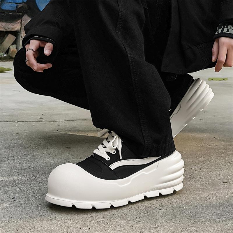 Fashion Black and white casual men's shoes High quality genuine leather Leisure outdoor street walking trendy youth shoes Thick soled