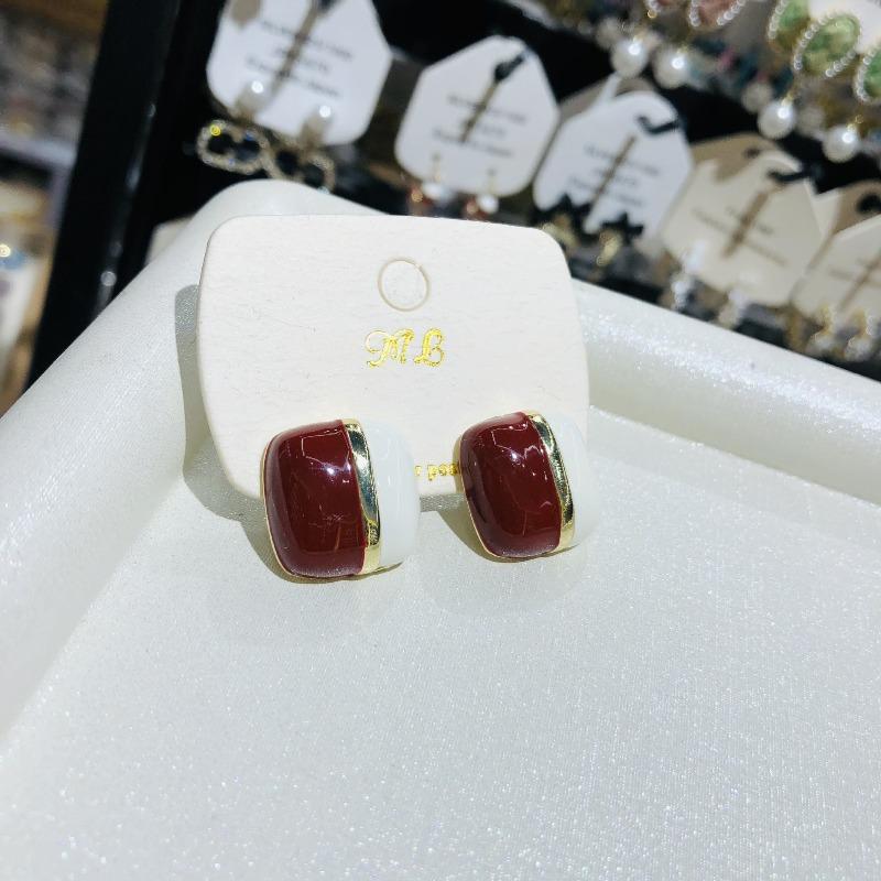 Vintage Wine Red White Mix Color Enamel Metal Geometry Square Stud Earrings for Women Girls Party Jewelry Gift