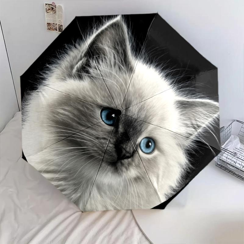 Black Kitten Pattern, Automatic Folding Umbrella, Portable and Foldable Design, 8 Ribs, a Christmas or Birthday Gift.